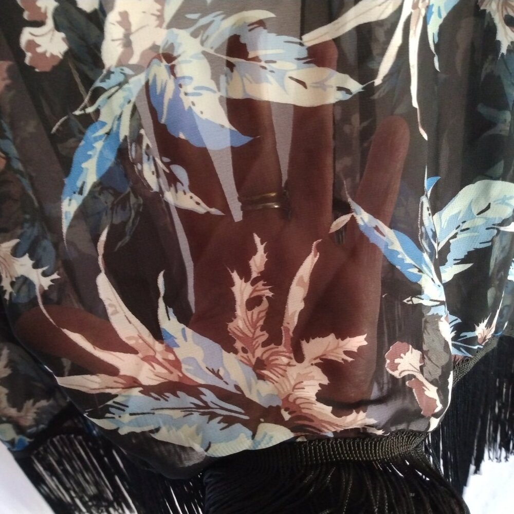 Soul Young Black Floral Sheer Kimono Duster Beach Cover-Up XL Boho Cottagecore - Picture 7 of 10